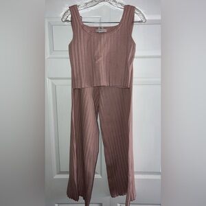 Sincerely Jules Ribbed Knit 2 Piece Lounge Set Mauve Tank & Wide Leg Pants M